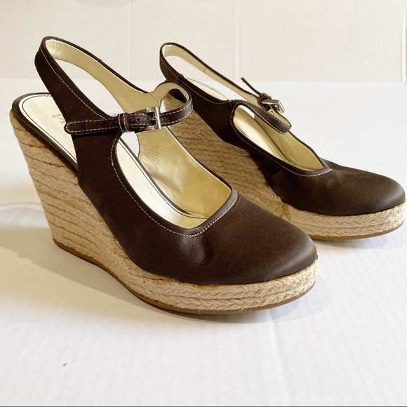 Prada Brown Satin Espadrille Wedges 7 - Picture 6 of 10